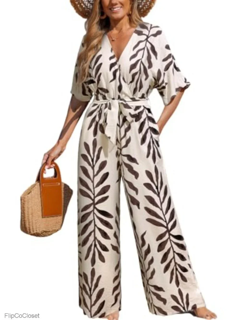 Boho Floral Wide Leg Jumpsuit with Belt, Pockets, Short Sleeve
